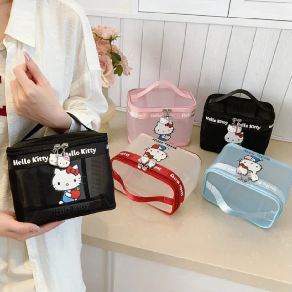 Hello Kitty Neue Damenhandtasche, modische, hochwertige Mesh-Aufbewahrungstasche, Cartoon-Stil, niedlich, vielseitig, große Kapazität, Make-up-Tasche für Mädchen