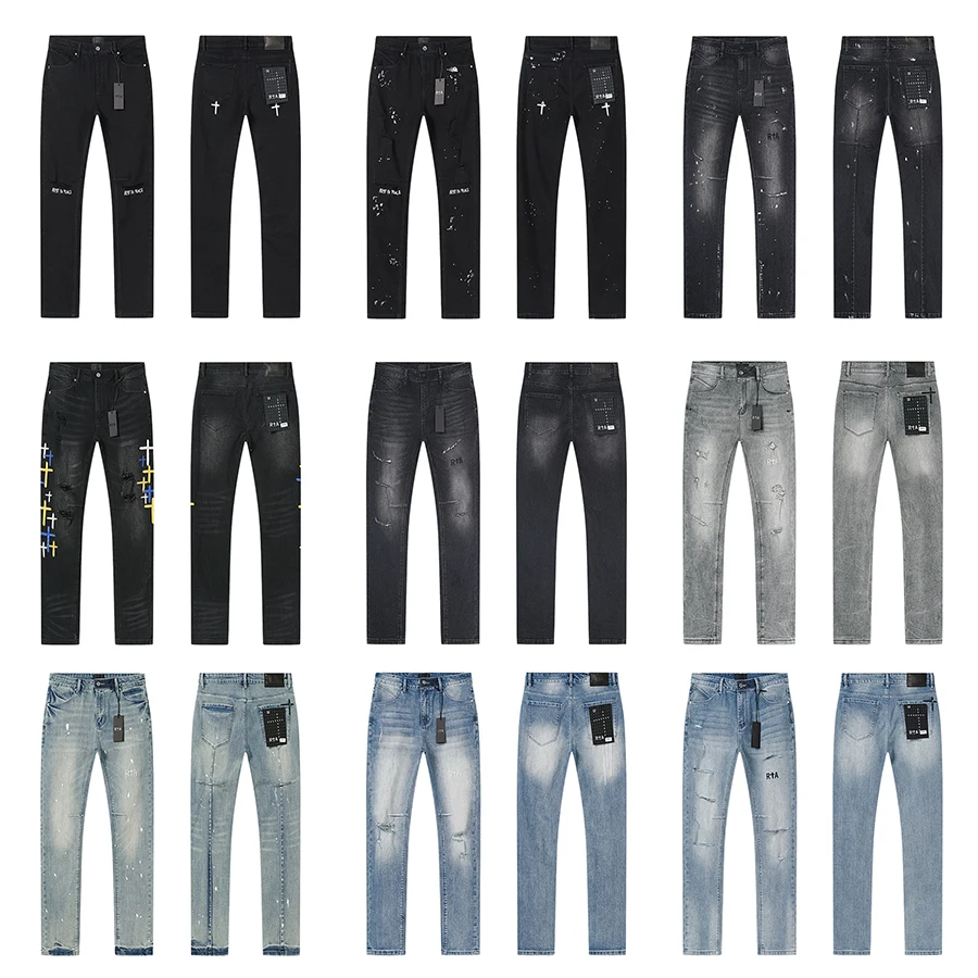 RTA Herren-Jeans im Used-Look, zerrissene Denim-Hose, schmale Passform, Markenlogo, lässige Streetwear-Hose, 2026, Neu Image