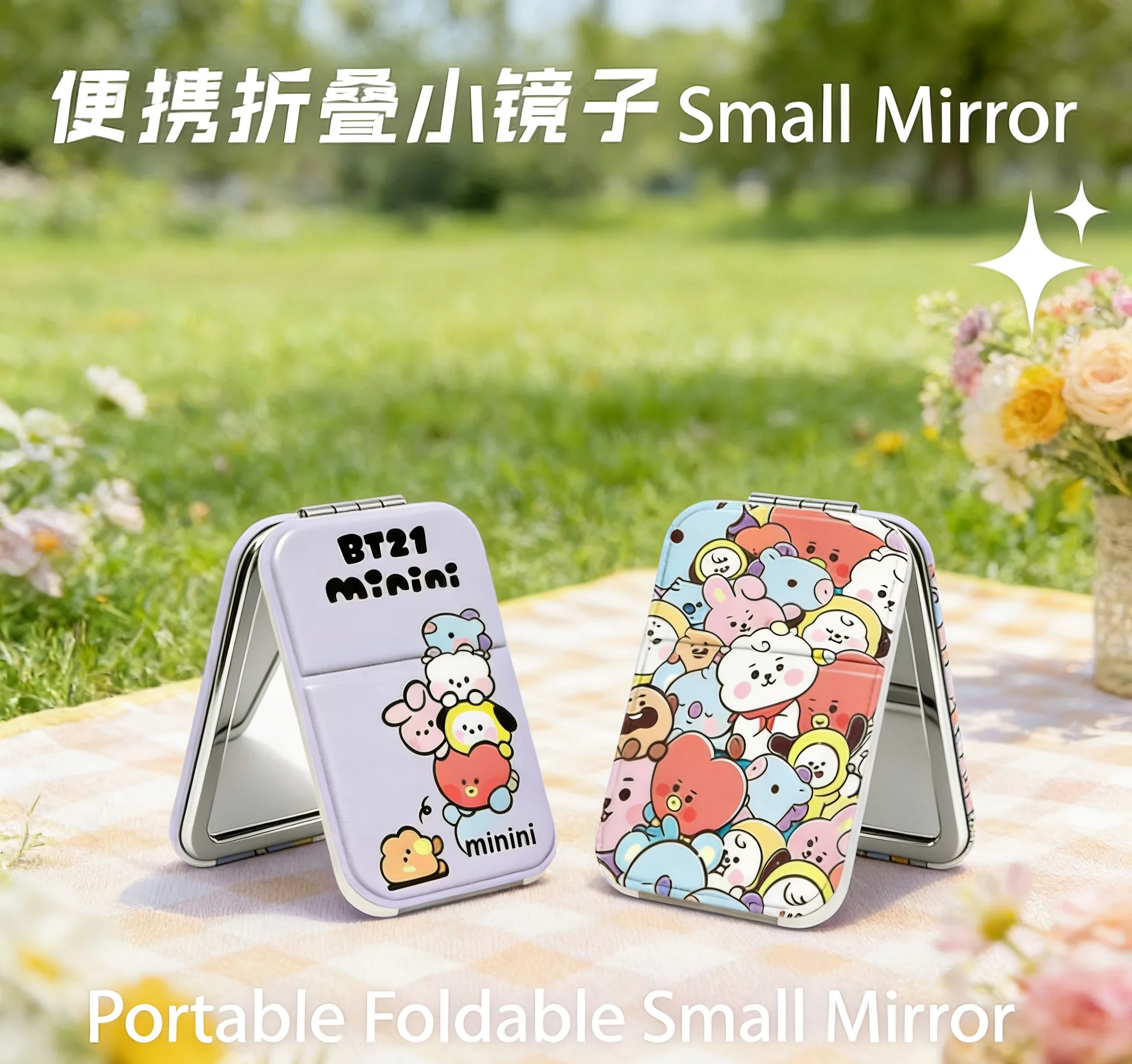 BT21 Tragbarer Klappspiegel Niedlicher Leder-Reise-Make-up-Spiegel Kleine Tischdekoration für Studentenwohnheime Image