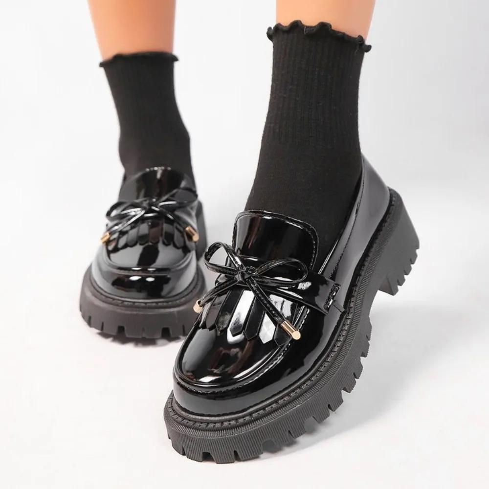 Plus Größe 42, Sommer, schwarze Vintage-Plateau-Flats-Schuhe für Damen, 2022, einfach anzuziehen, Schmetterlingsknoten, Med-Heels, Loafer, Alltagsschuhe