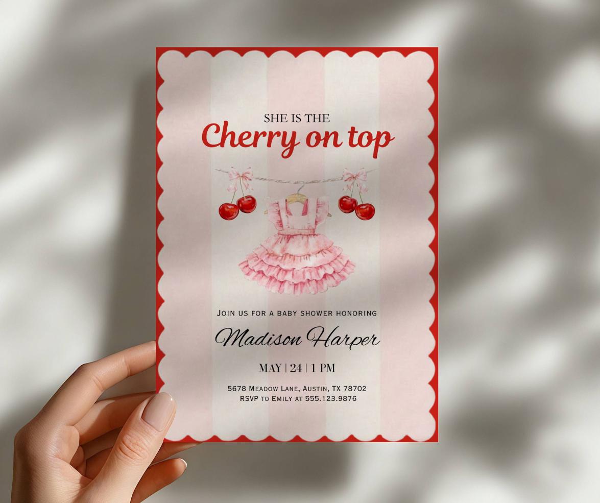 "Invito per baby shower \"She Is the Cherry on Top\", invito per baby shower \"Cherry Girl\", modello per invito per baby shower \"Rosa Cherry\", invito modi"