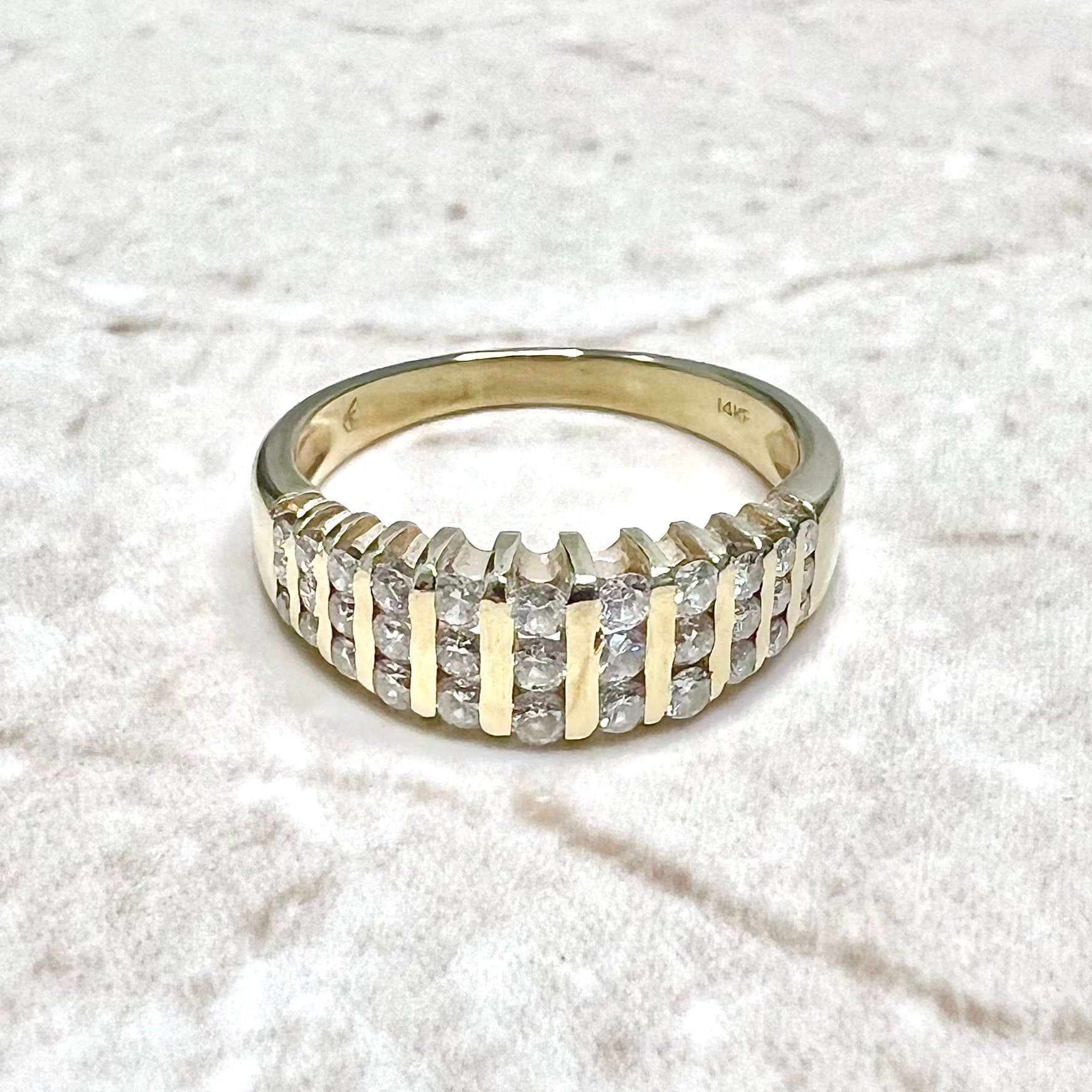 Anello vintage in oro giallo 14 carati con diamanti - Anello a tre file di diamanti in oro giallo 14 carati - Anello nuziale con diamanti - Anello per