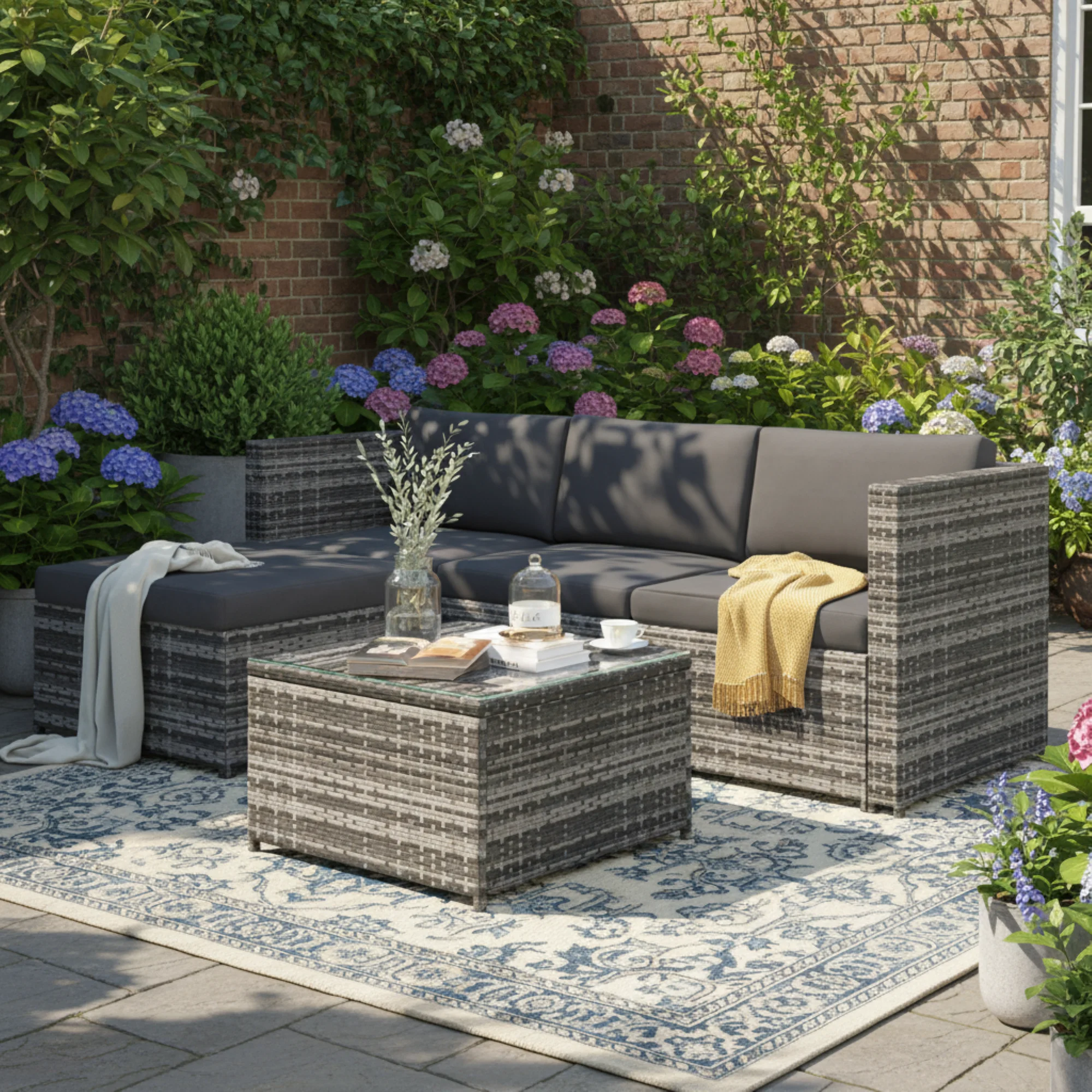 Polyrattan-Lounge-Sofa-Set, Lounge-Gartenmöbel, Ecksofa, Sofa-Set mit Sitz- und Rückenkissen, Lounge-Tisch mit Glasplatte