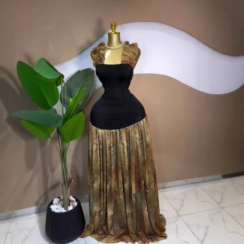 2026 Frühling Neues Elegantes Batik-Bedrucktes Kleid Patchwork Ärmellos Schulterfreies Süßes Langes Sommerkleid Robe Vestido Damen Elegant