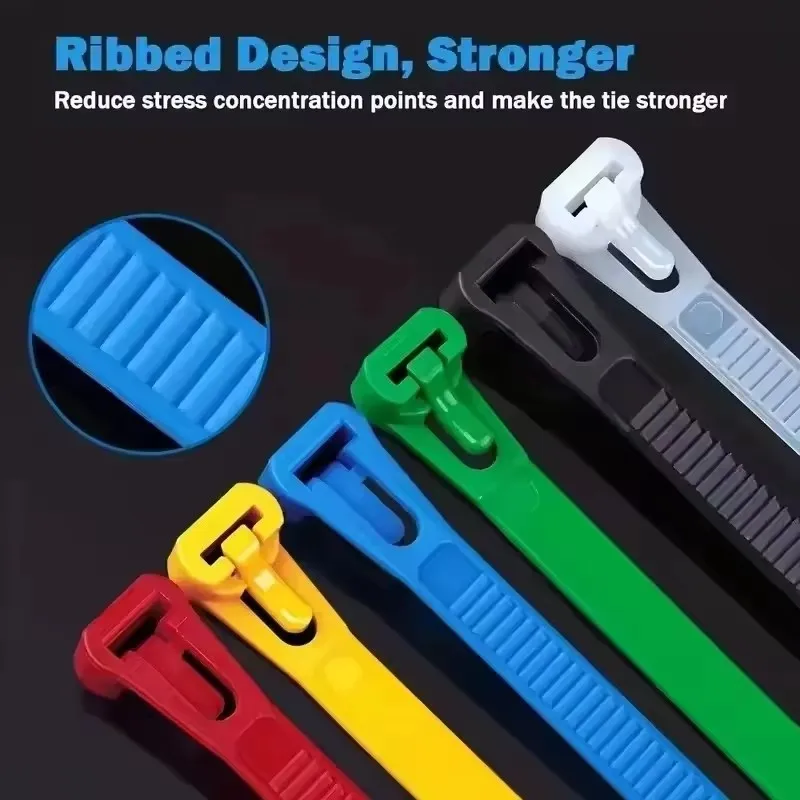 100 Stück wiederverwendbare, selbstsichernde Nylon-Kabelbinder, sichere Befestigung, gemischte Farben, langlebiges, flexibles, geripptes Design für den Innen- und Außenbereich Image