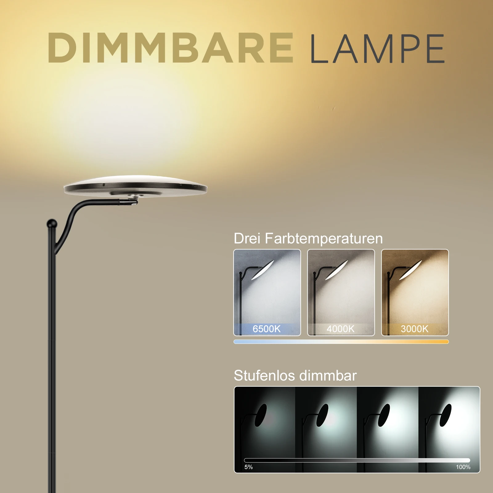 LED-Stehlampe Simplicity Schwarz Dimmbar mit Fernbedienung Uplighter Verstellbare Moderne Leselampe für Wohnzimmer Schlafzimmer Image