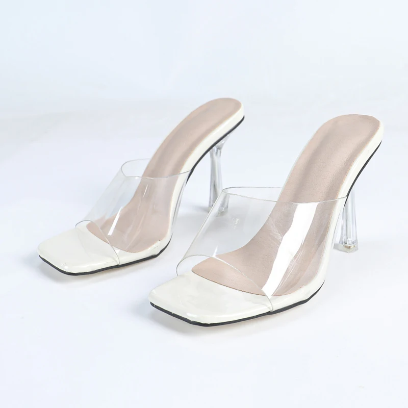 Große Größen 44 45 46 PVC Transparente Pantoletten für Damen Sexy Eckige Zehenpartie Klare High Heels Schuhe Slides Mules Sandalias Mujer WSH5525