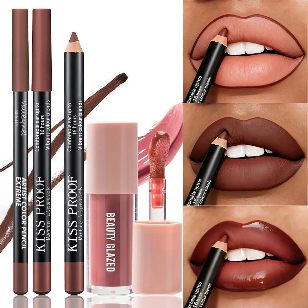 3-teiliges Lippen-Make-up-Set, mattierter Lipliner + Lippenstift + feuchtigkeitsspendendes Lippenöl, definiert die Lippen, langanhaltende Farbe, wasserfest und schweißfest. Image
