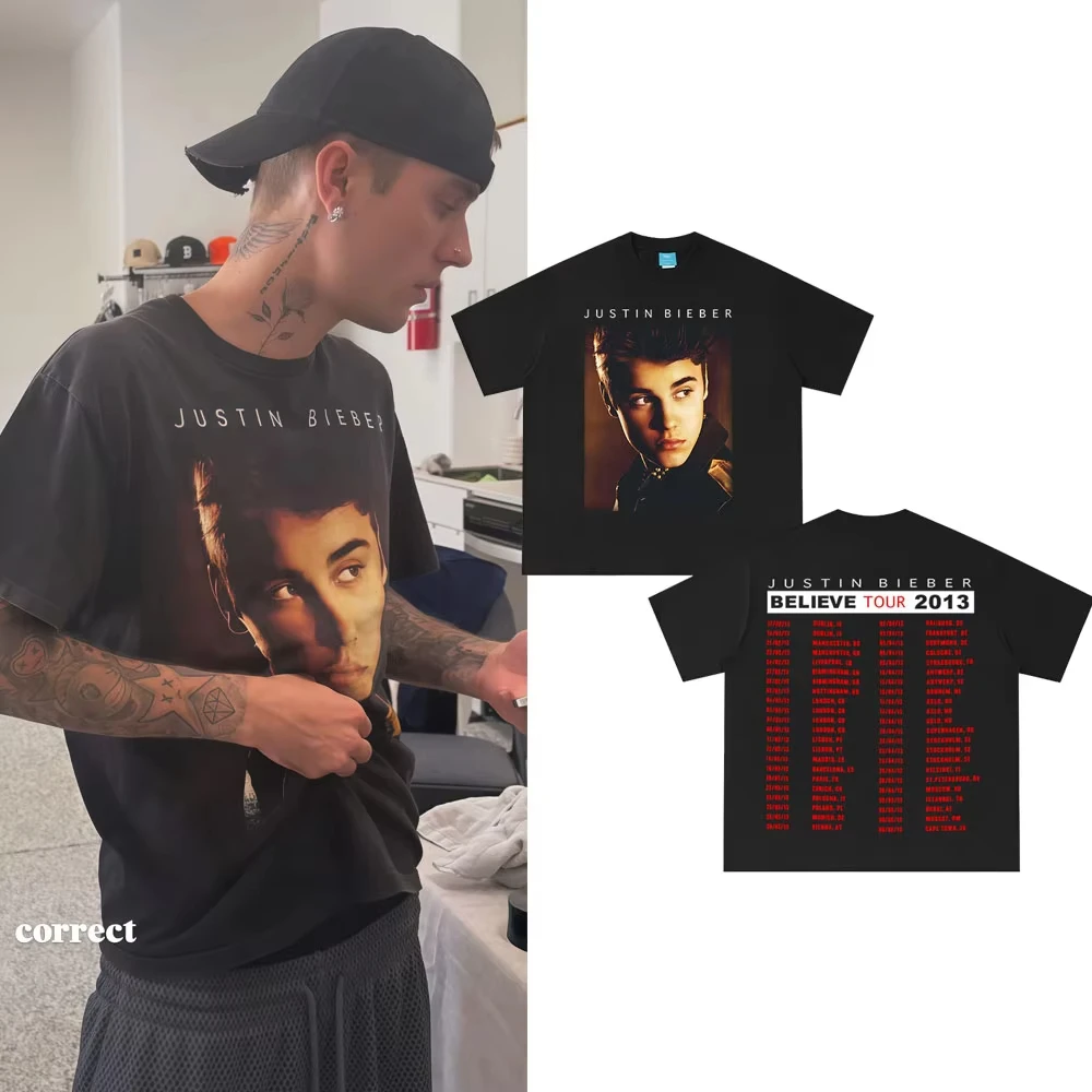 Justin Bieber Believe Tour 2013 Merch T-Shirt Herrenmode Hip Hop Oversized T-Shirt Lässige Baumwoll-Kurzarm-T-Shirts
