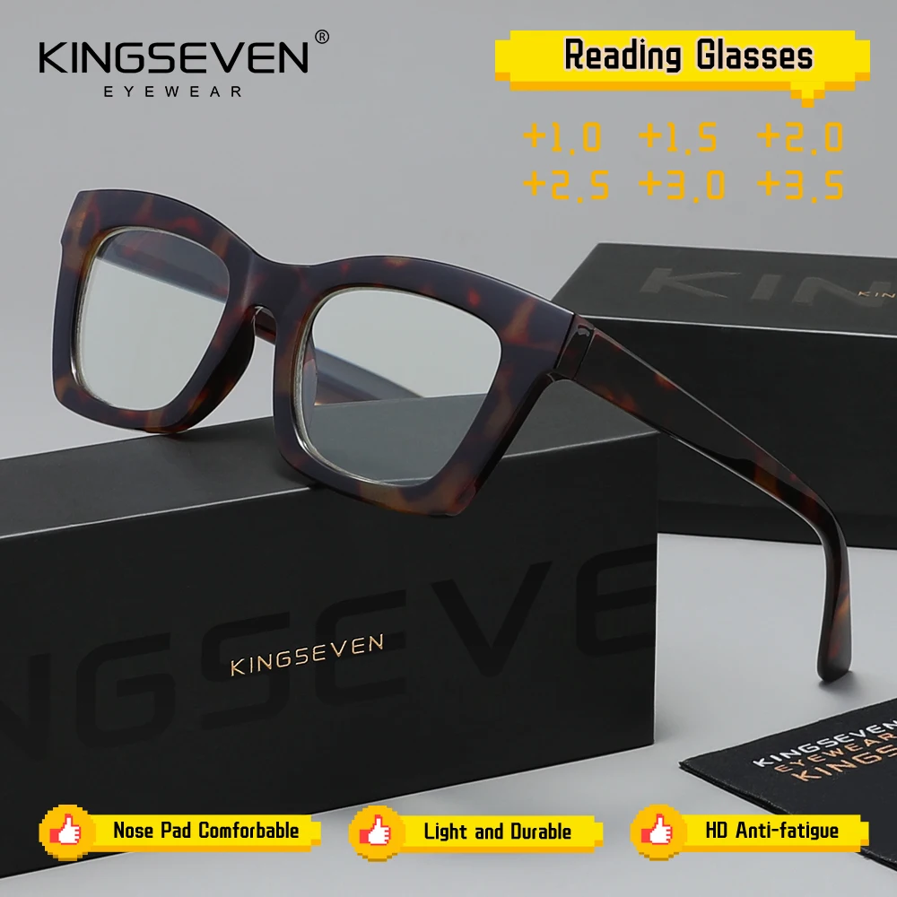 KINGSEVEN Marken-Lesebrille für Damen und Herren, quadratischer Rahmen, Hyperopie, Presbyopie, optische Gläser +1,0~+3,5, verschreibungspflichtige Brillen Image