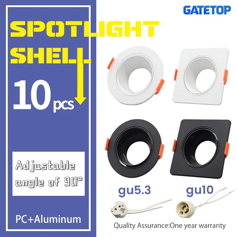 10-teiliges verstellbares Deckenstrahler-Set, weiß, schwarz, quadratisch, rundes Licht-Set, Gu10, Gu5,3-Sockel, Deckenlampenfassung