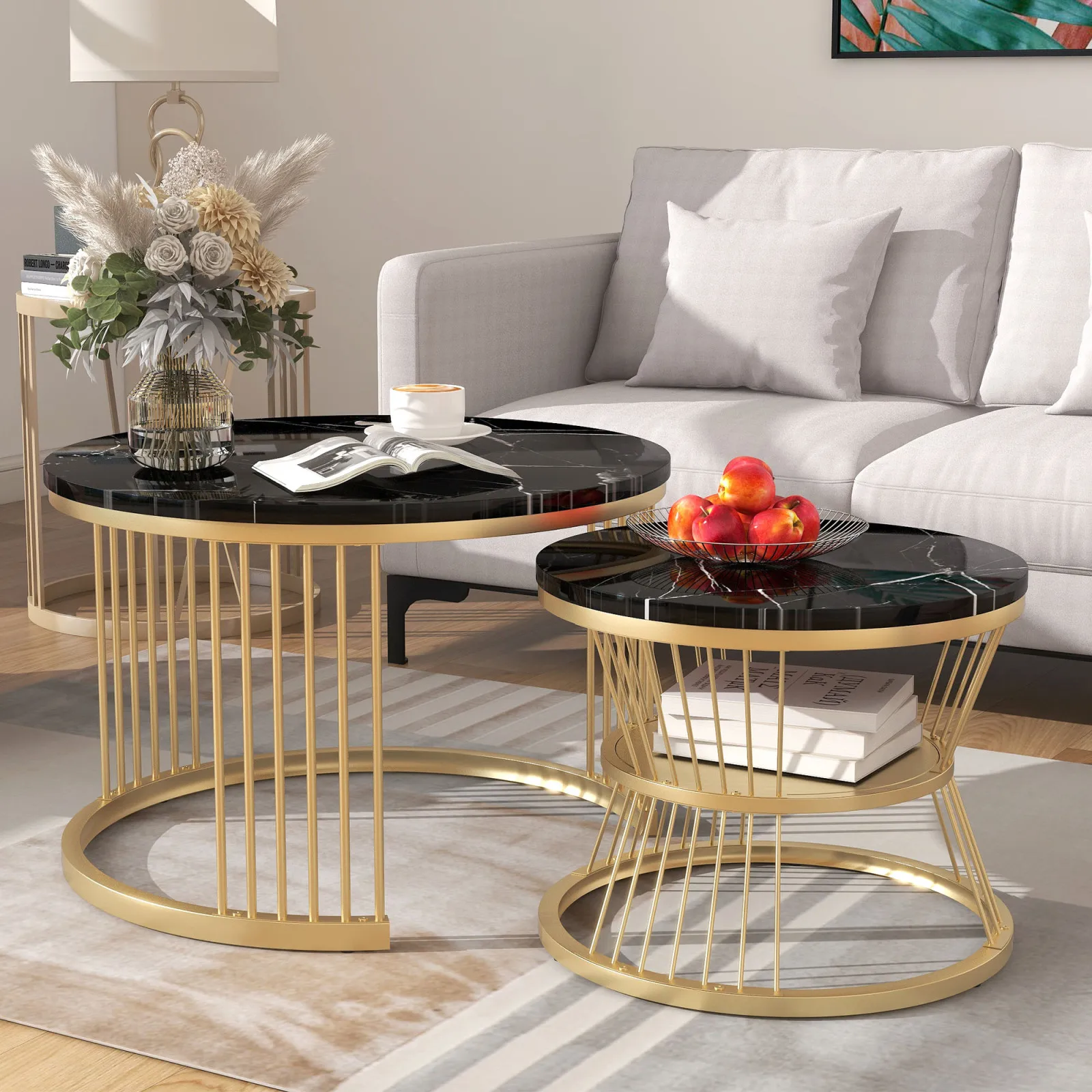 Anajqaqia Couchtisch-Set, runder Couchtisch, Wohnzimmertisch mit Marmorimitat-Finish, goldfarbener Metallrahmen, für Schlafzimmer, Schwarz