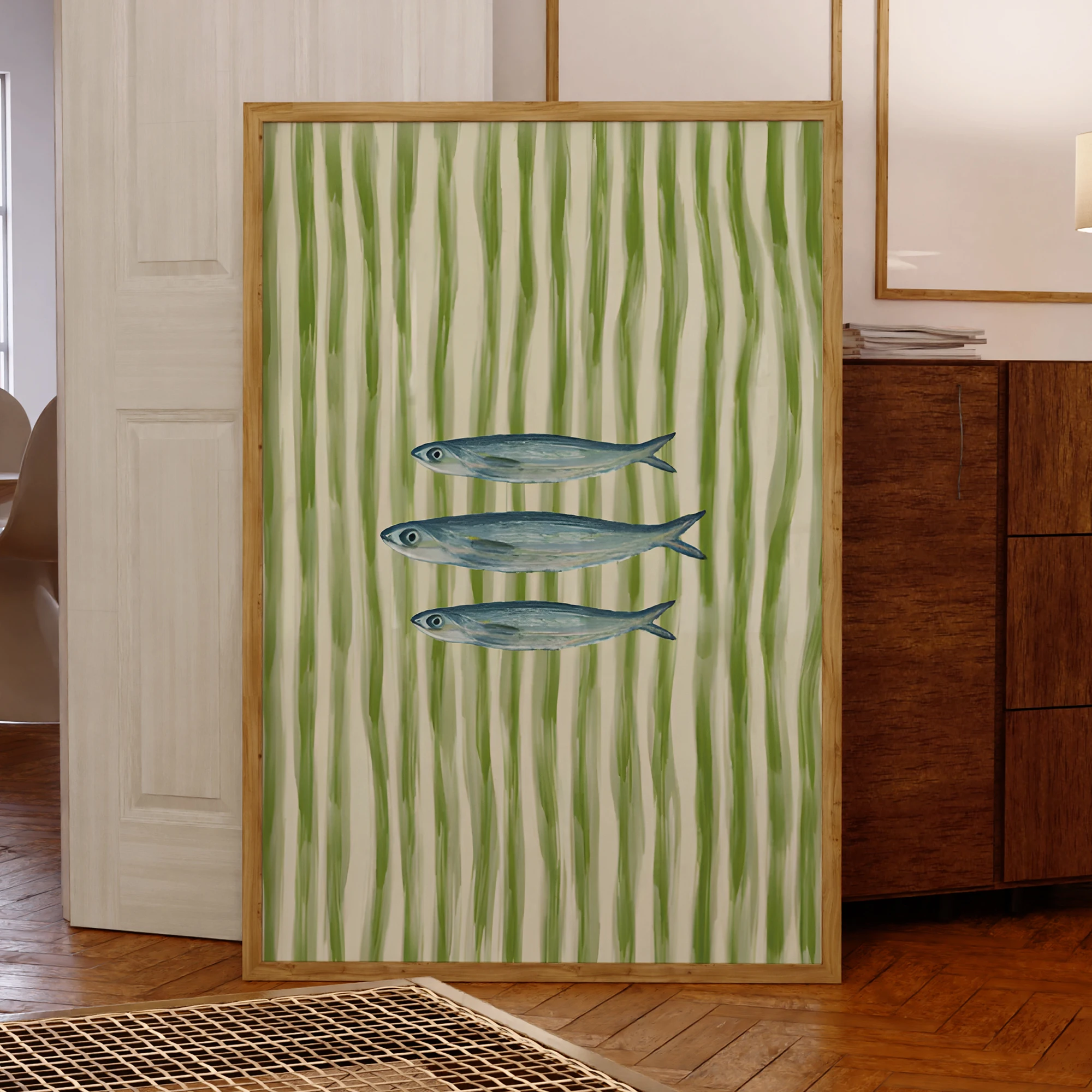 Vintage-Mode, grün gestreift, Sardinen-Wandkunst, Drucke auf Leinwand, Gemälde, Poster, Bild für Wohnzimmer, Esszimmer, Heimdekoration, Geschenk