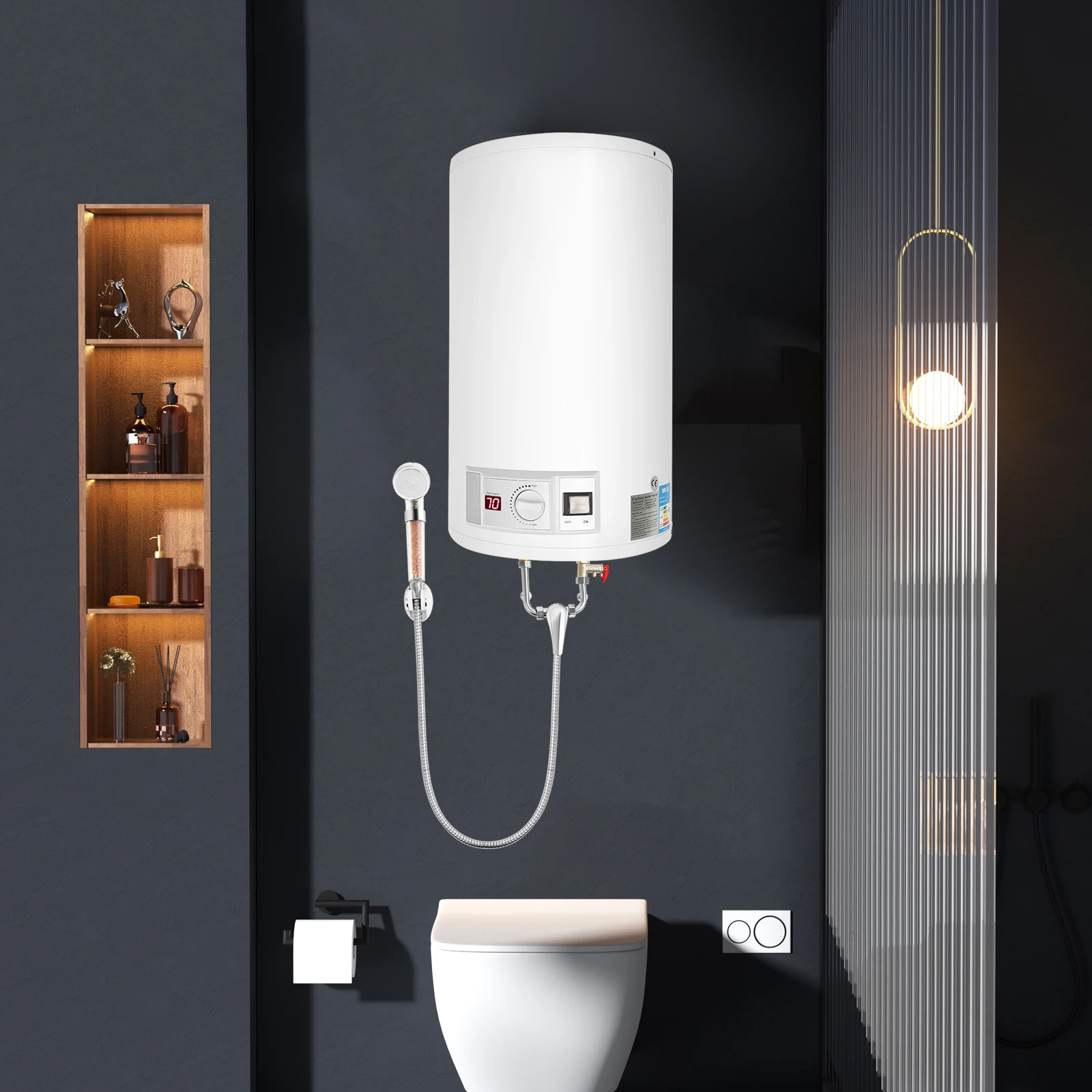 220V Elektrischer Warmwasserbereiter, 2000W Durchlauferhitzer mit Temperaturregelung, Wandmontierter Edelstahltank Image