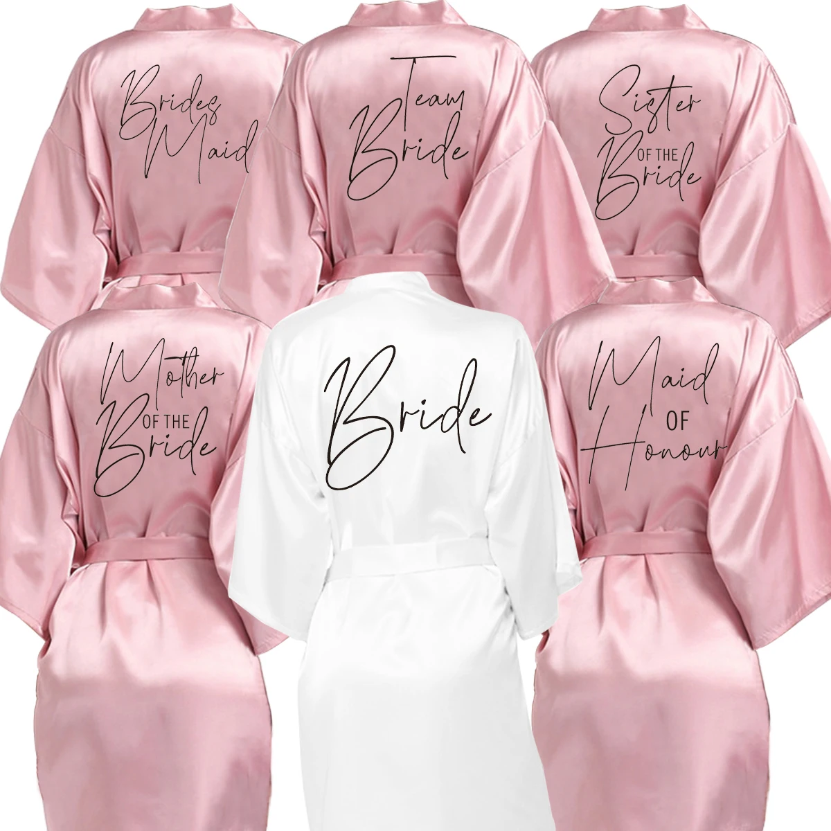 Hochzeits-Brautjungfernroben für Damen, Brautparty-Geschenke, Team-Kleid, Seiden-Satin-Schlafanzug, Kimono mit Buchstabendruck Image