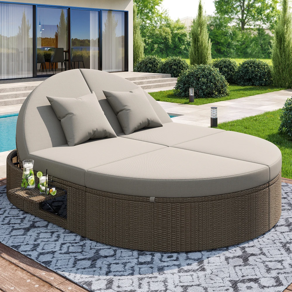 Rattan-Doppelbett, Outdoor-Tagesbett, Garten-Loungebett mit Seitenablage, 2-Personen-Klapptisch, Verstellbares Outdoor-Sofa