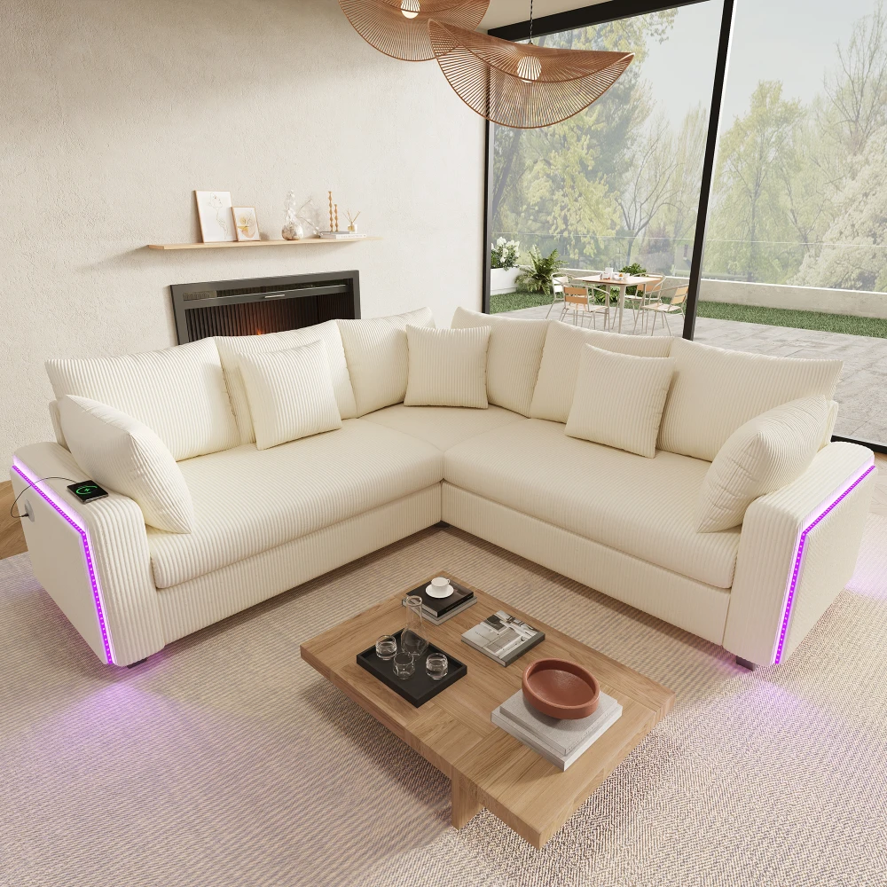 Modernes L-förmiges Ecksofa mit LED-Ambientebeleuchtung & USB-Ladeanschluss, Weiches Cordstoff-Sofa mit Passenden Kissen Image
