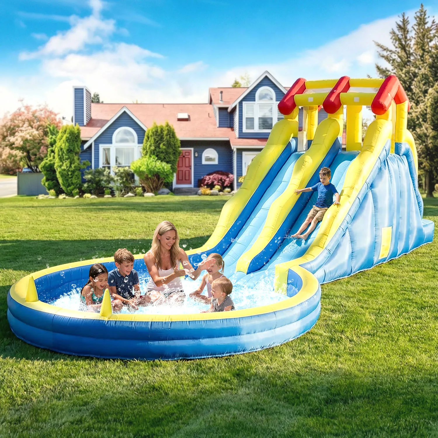 Kommerzielles 8m Aufblasbares Hüpfburg-Wasserrutsche-Set mit 750W Gebläse für Kinder und Erwachsene, Kinderspielplatz Image