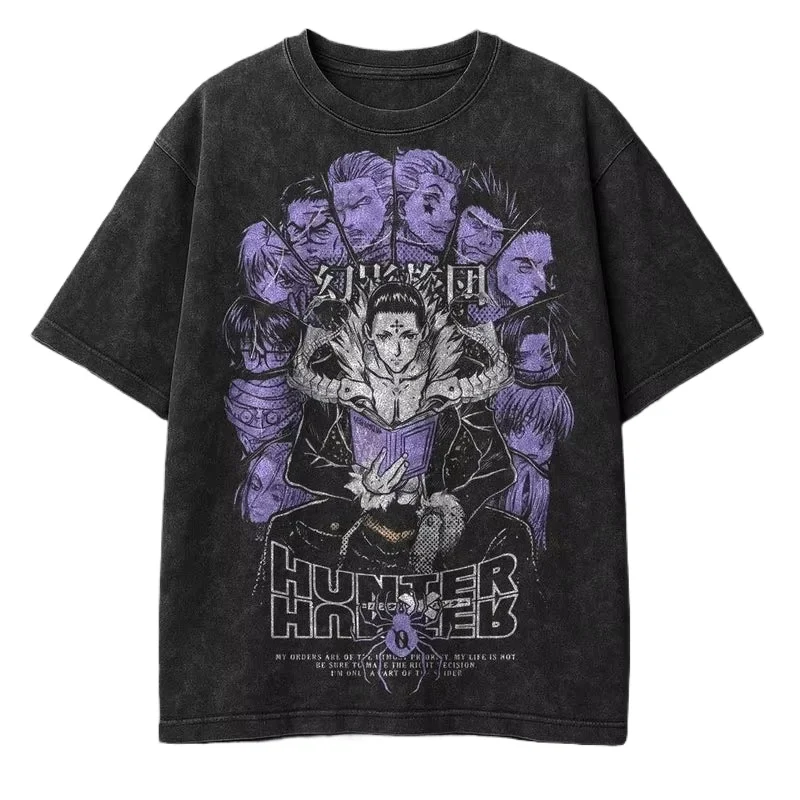 Anime Hunter X Hunter Chrollo bedrucktes T-Shirt für Herren und Damen, gewaschenes T-Shirt, hochwertiges Vintage-Baumwoll-T-Shirt, Harajuku-Tops