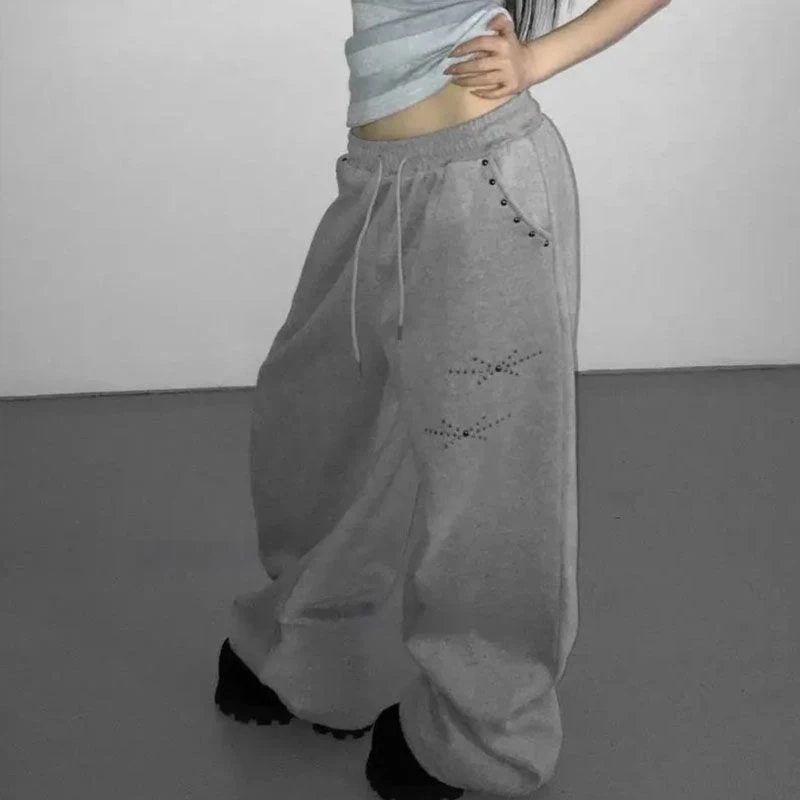 MEXZT Y2K Niet Jogginghose Frauen Streetwear Fleece Schwarz Baggy Jogger Harajuku Hip Hop Breite Bein Hosen Mode Casual Hosen