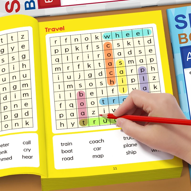 Wort-Rechtschreibbuch für Kinder, Englische Wörter, 32 Seiten, Rechtschreibspiel-Schatzsuche-Buch, Suche nach versteckten Wörtern Image