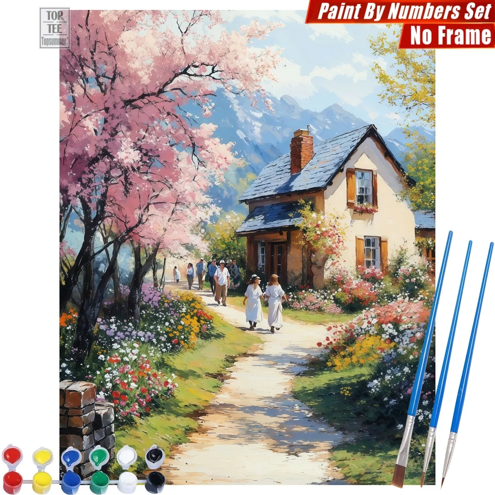 Malen-nach-Zahlen-Set „Serene Country Path“ – Blühendes Kirschholzhaus Leinwand-Wandkunst Valentinstagsgeschenk für Freundin Image