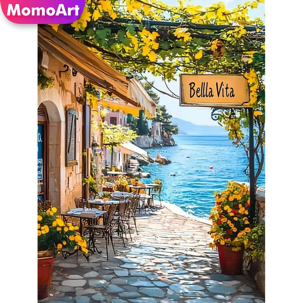 Momoart 5D Diamant-Stickerei Küstenlandschaft Gemälde DIY Acryl-Bastelbedarf Diamant-Mosaik Stadt Handgemachtes Hobby Image