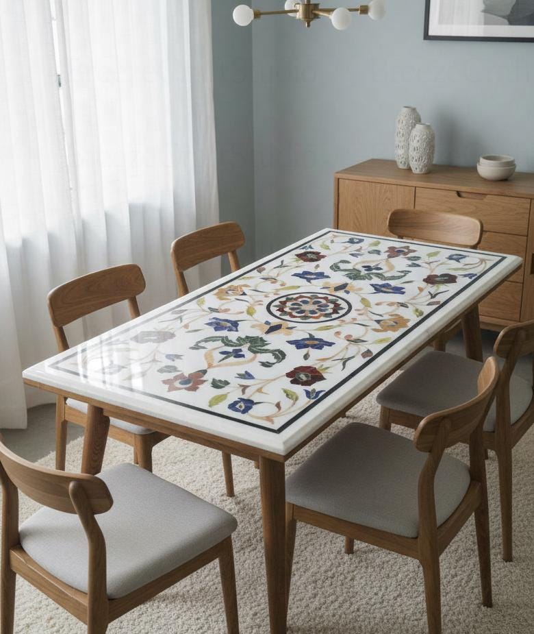 Tavolo da pranzo di lusso con intarsi floreali in marmo | Tavolo artistico in pietra Pietra Dura fatto a mano | Tavolo da pranzo elegante | Tavolo da