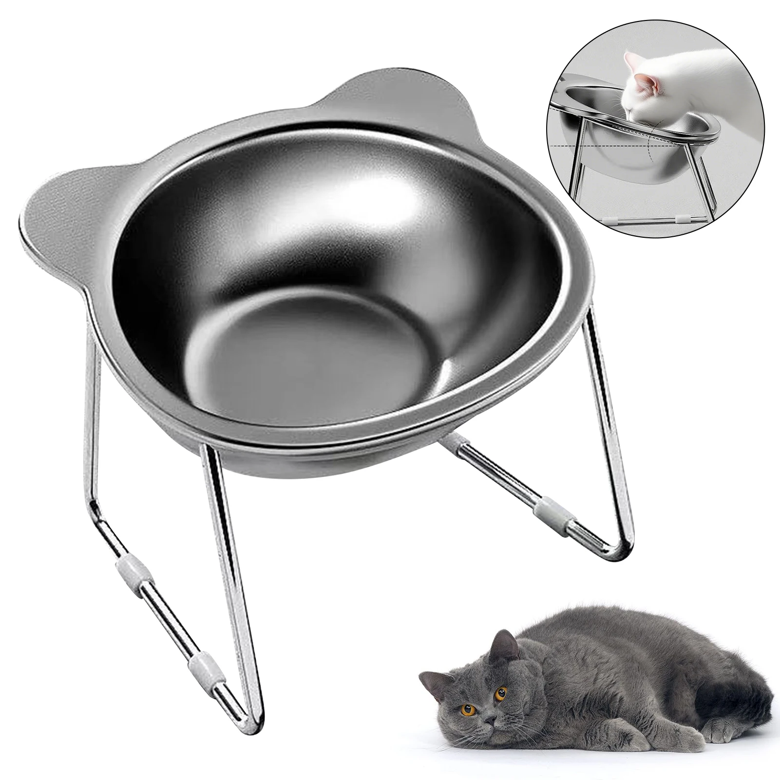 Erhöhte Futterschale aus Edelstahl mit Metallständer für Katzen und kleine Hunde, rutschfeste Nackenstütze, erhöhte Futterschale Image