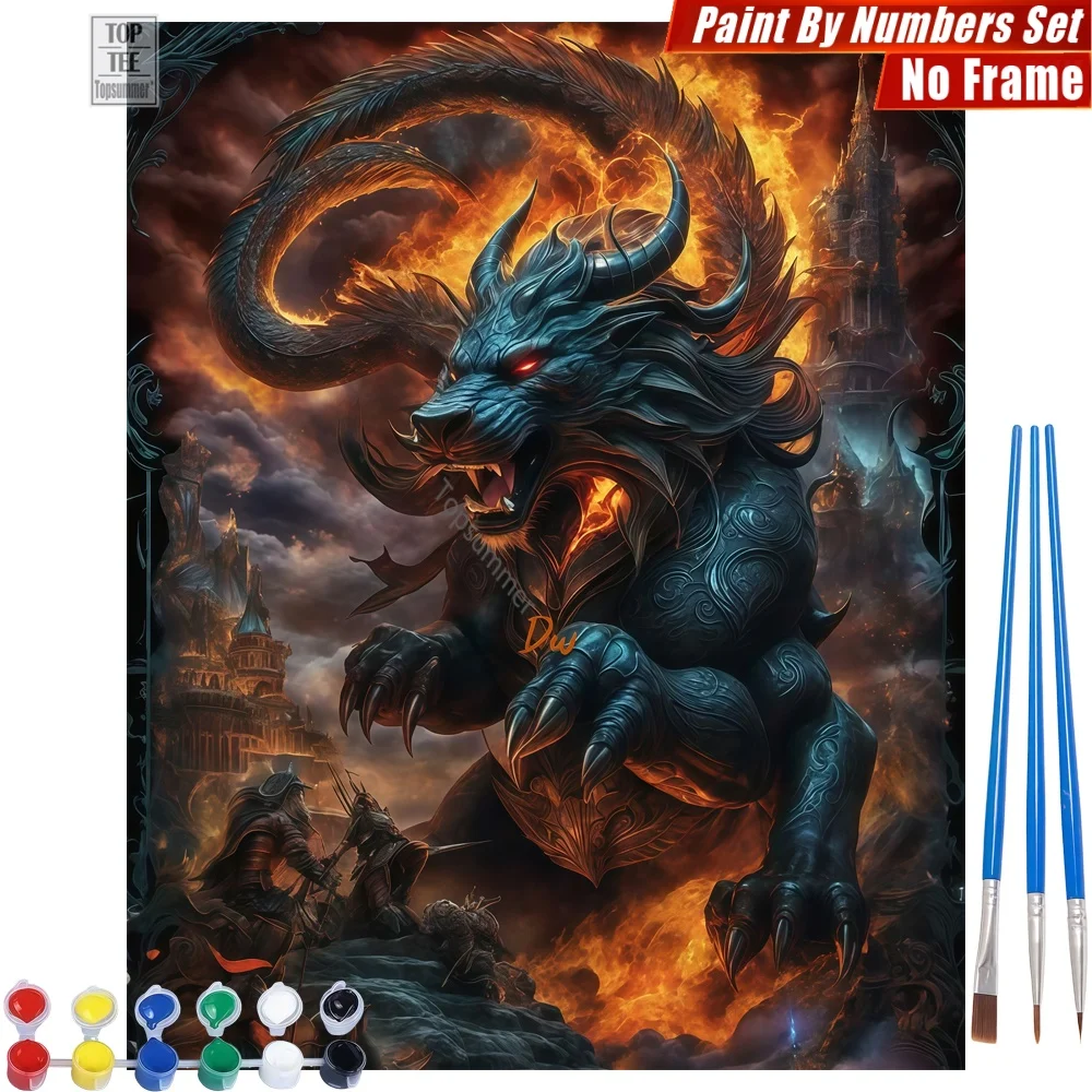 Fantasy-Drachenburg Malen nach Zahlen Set - Drachen-Kreatur Flammen Wandkunst Heimdekoration Thanksgiving-Geschenk für Oma Image