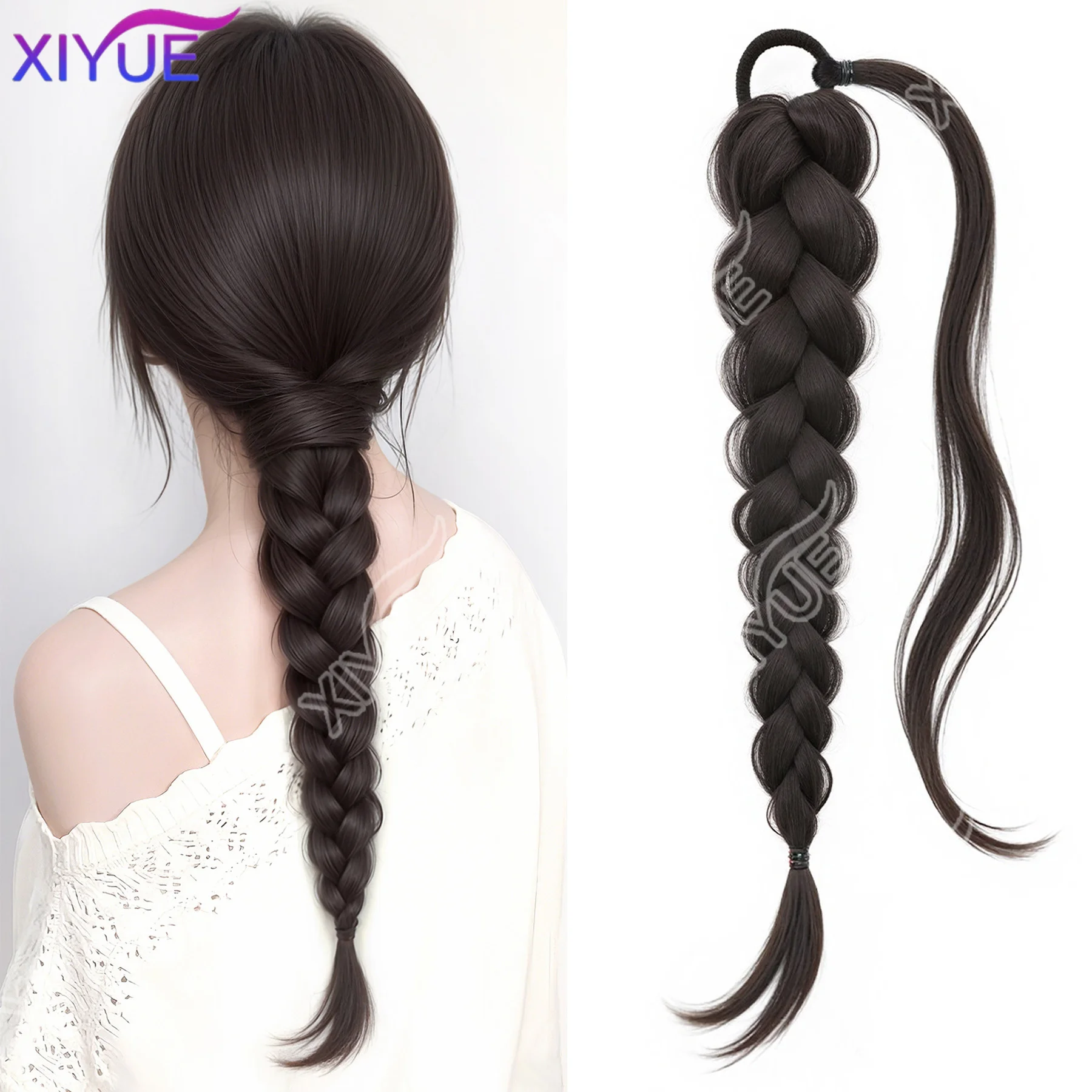 XIYUE Synthetische Perücke, geflochten, für Damen, elastisches Band, Pferdeschwanz, Lazy-Temperament-Stil, geflochtenes Haar, langer Zopf, niedrig geflochtener, künstlicher Pferdeschwanz Image
