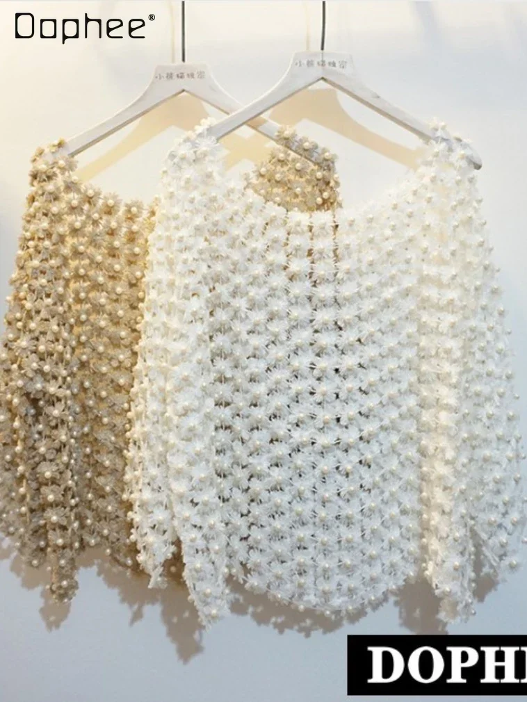 Frauen Luxus Perle Perle Bluse Gold Lurex Floral Spitze Aushöhlen Nettes Hemd dame Elegante Blusa Lose Pullover Femme Image