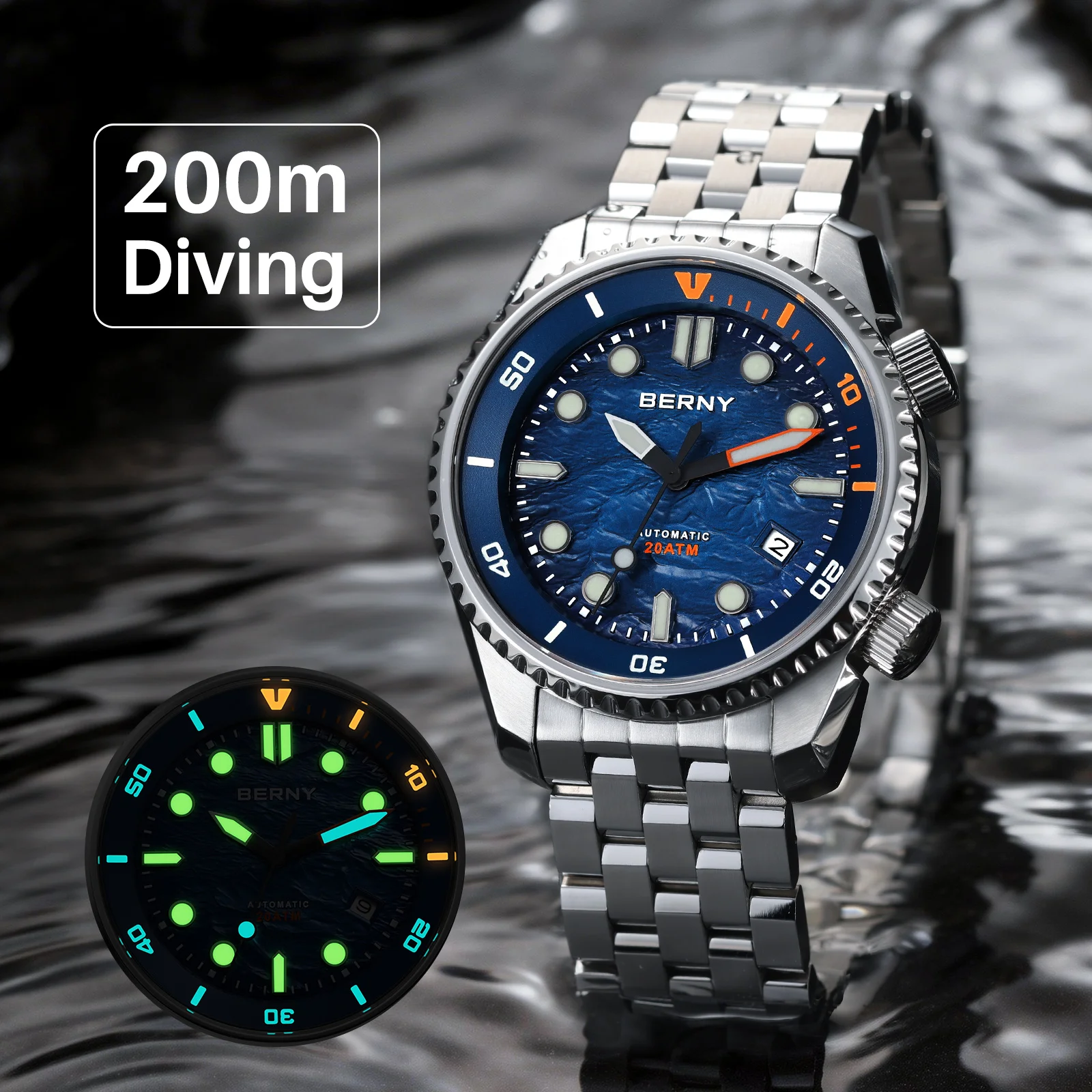 BERNY Automatische Taucheruhr für Herren, Top-Luxus, Saphirglas, 316L-Stahl, New Wave-Zifferblatt, 200 m wasserdicht, mechanische Taucher-Herrenuhren Image