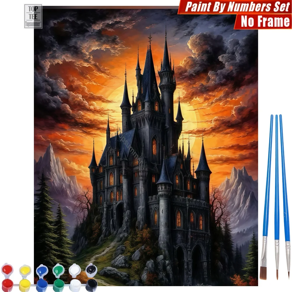 Gotisches Sonnenuntergang-Schloss Malen-nach-Zahlen-Set - Geheimnisvolle, dunkle, anhaltende Kunstaktivitäten als Weihnachtsgeschenk für die Tochter Image