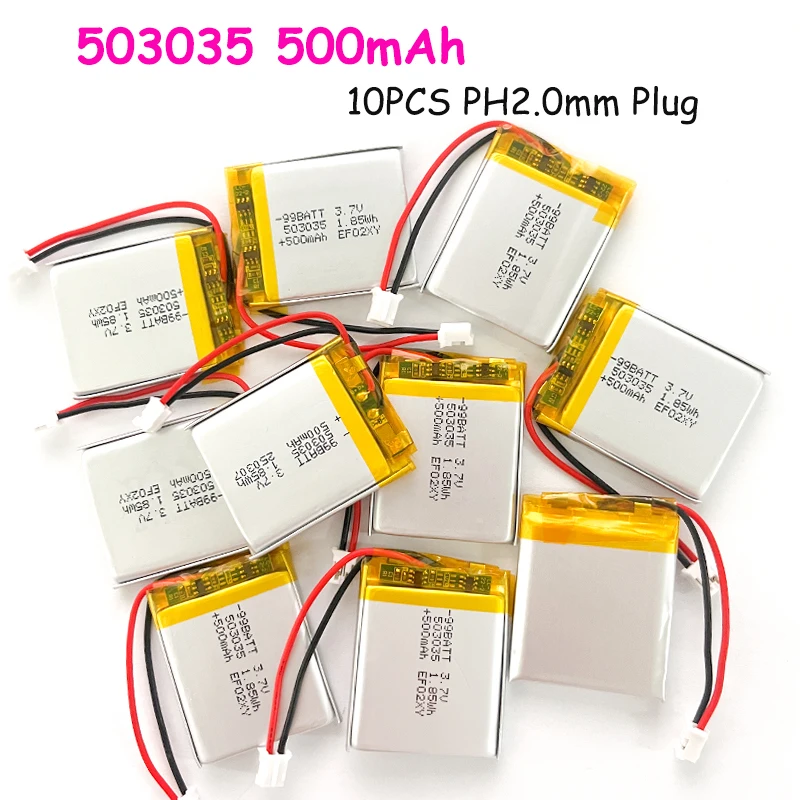 10 Stück 503035 Polymer-Akku 3,7 V 500 mAh LiPo Lithium-Akkus für Kamera, GPS, Bluetooth, Headset, Lautsprecher, LED-Leuchten Image