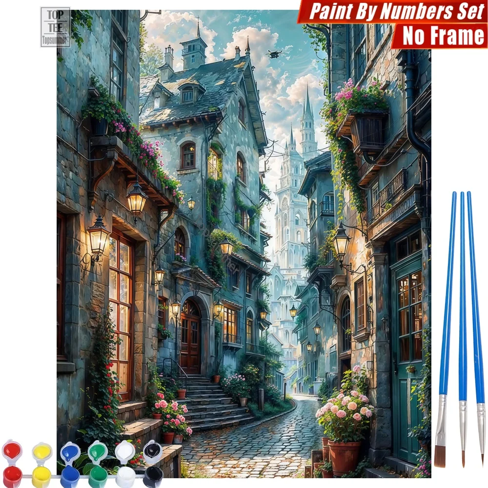 Mittelalterliche Kopfsteinpflastergasse Malen-nach-Zahlen-Set - Steinblumen Gotische Leinwand-Wandkunst Neujahrsgeschenk für den Sohn Image
