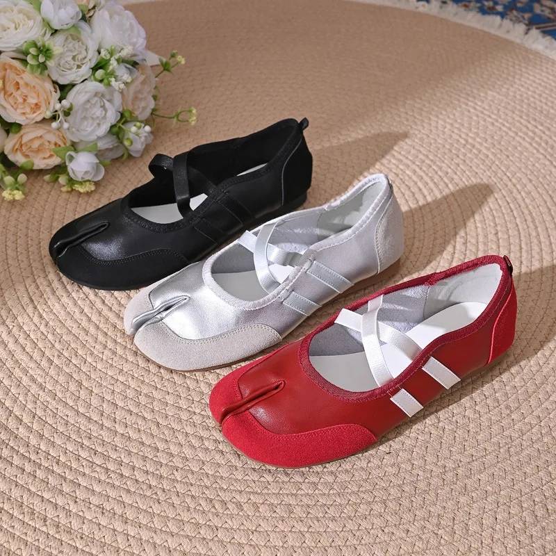 Schwarze, silberne, rote Ballettschuhe, Damen-Split-Toe-Ballerinas, Tabi-Walkingschuhe, Damen-Mary-Jane-Schuhe, Sommer-Fußbekleidung
