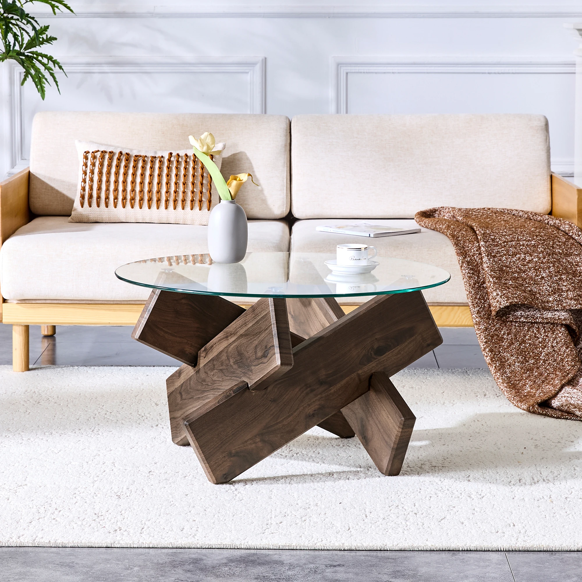 Mehrfarbiger optionaler runder Couchtisch aus MDF + Glas, schlicht und stilvoll. 79 cm Durchmesser, 0,8 cm dicke Oberfläche aus gehärtetem Glas. Image