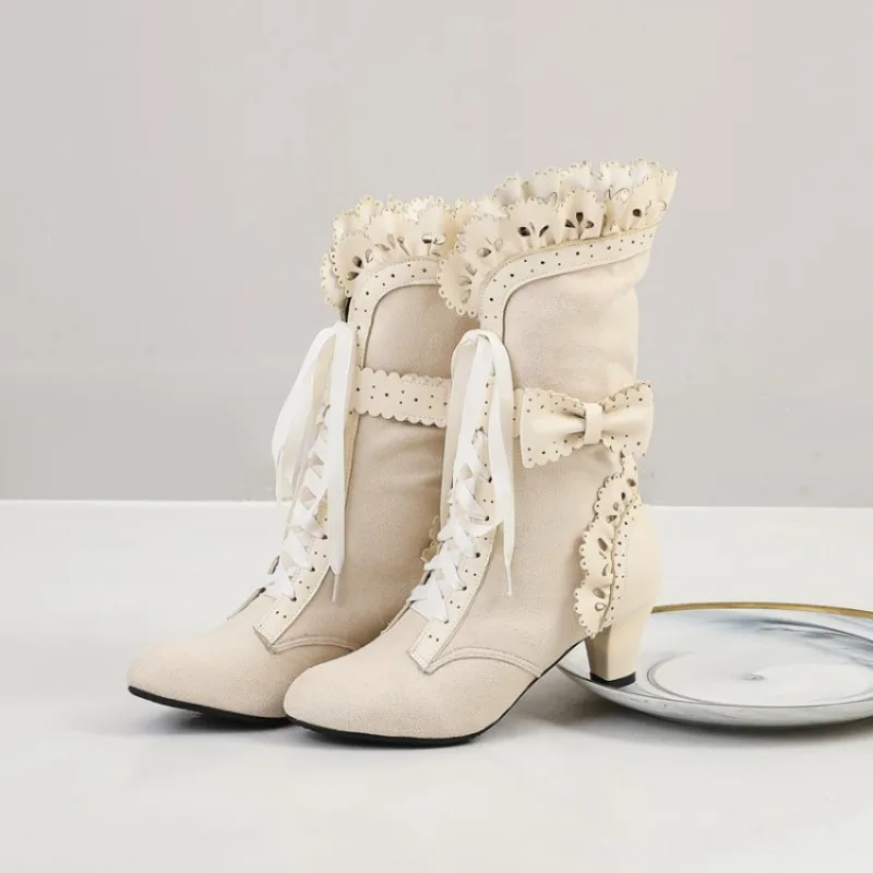 Retro frauen Stiefel Trend Frauen Mitte Wade Stiefel Viktorianischen Stil Lace Up High Heels Plus Größe Frauen Schuhe Luxus zapatos De Mujer