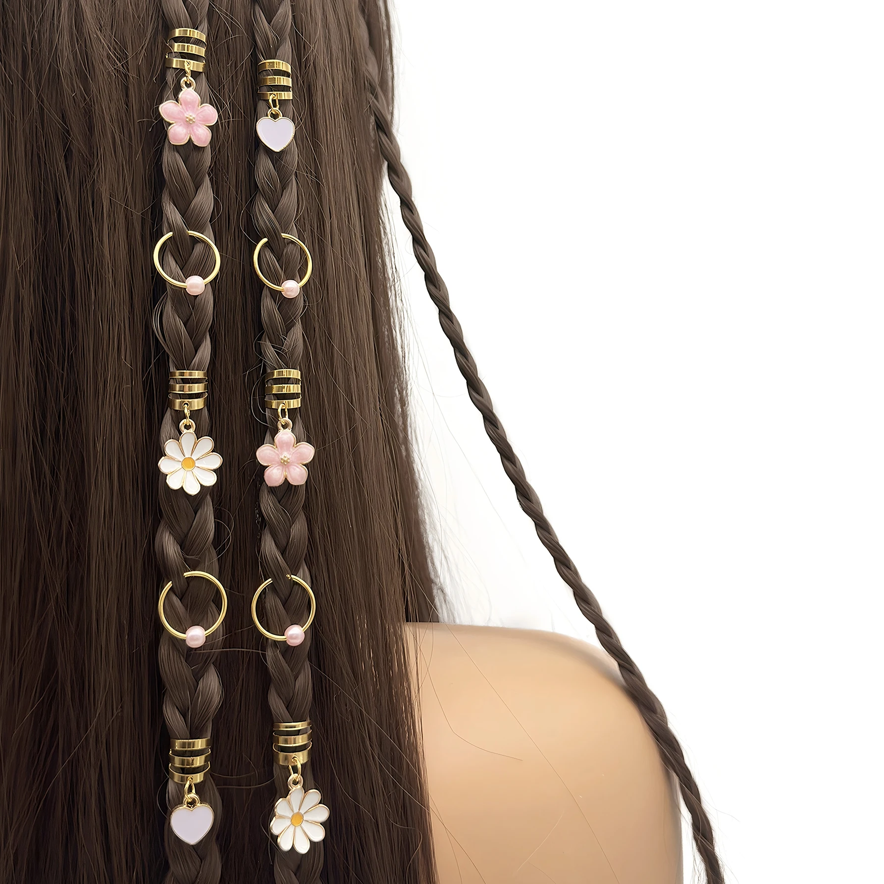 10 Stück romantische weiße Gänseblümchen-Herz- und rosa Kamelien-Perlen-Haarringe – elegante, verstellbare Haarmanschetten aus Legierung, Damenfransen Image