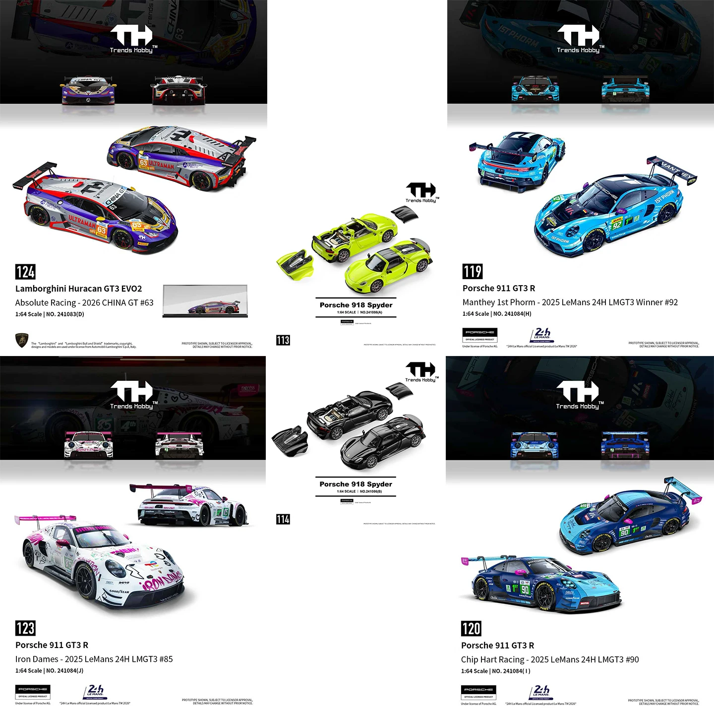 TH-Trends Hobby 1/64 Porsche 911 GT3 R 918 Spyder Lamborghini Huracan GT3 EVO2 Abnehmbare Abdeckung Auto Legierung Druckguss Metallmodell