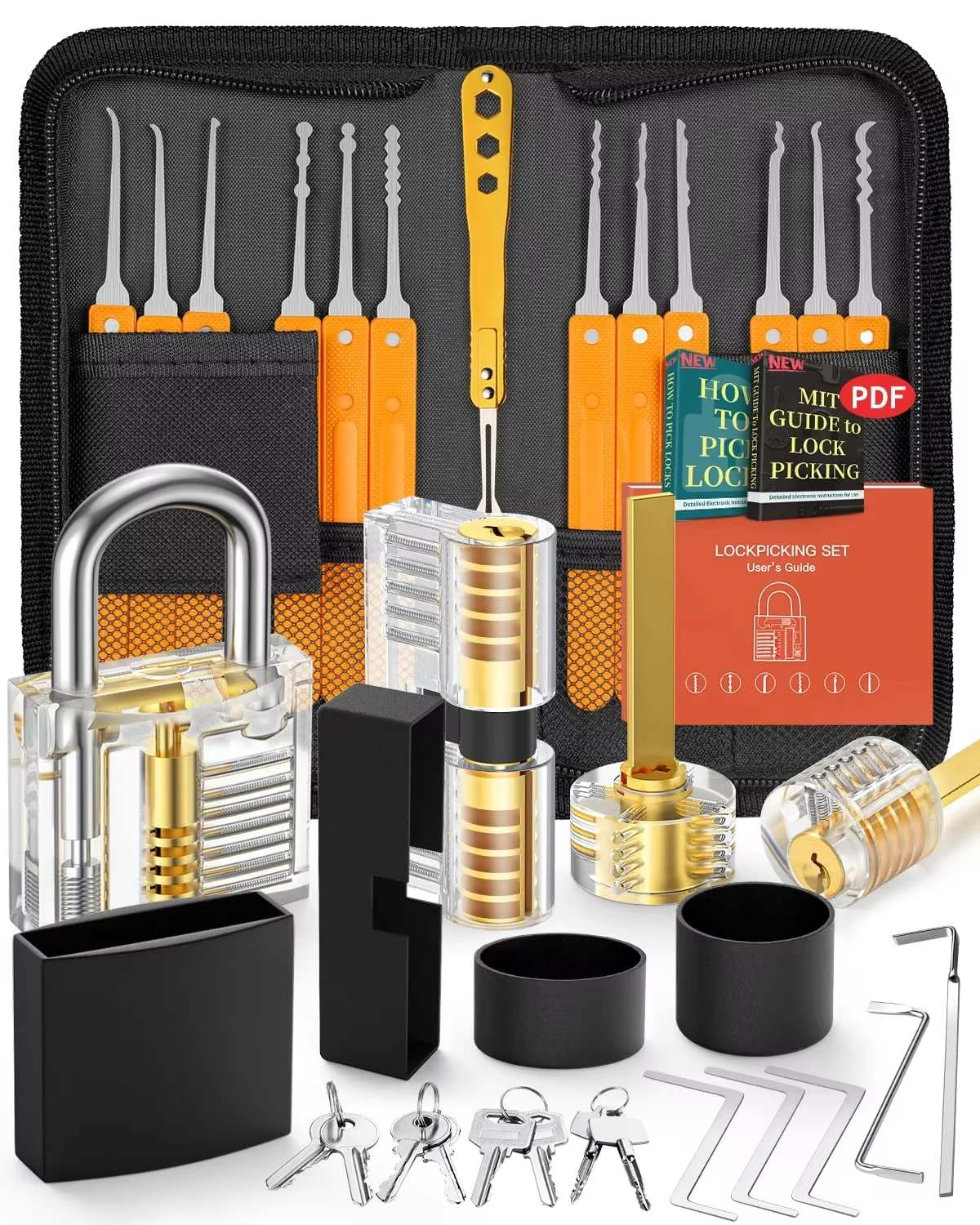 38+4 Lockpicking-Set mit 4 Transparenten Übungsschlössern und Reißverschlusstasche für Schlossöffnungstechnik, E-Guides für Anfänger und Profi-Schlosser Image