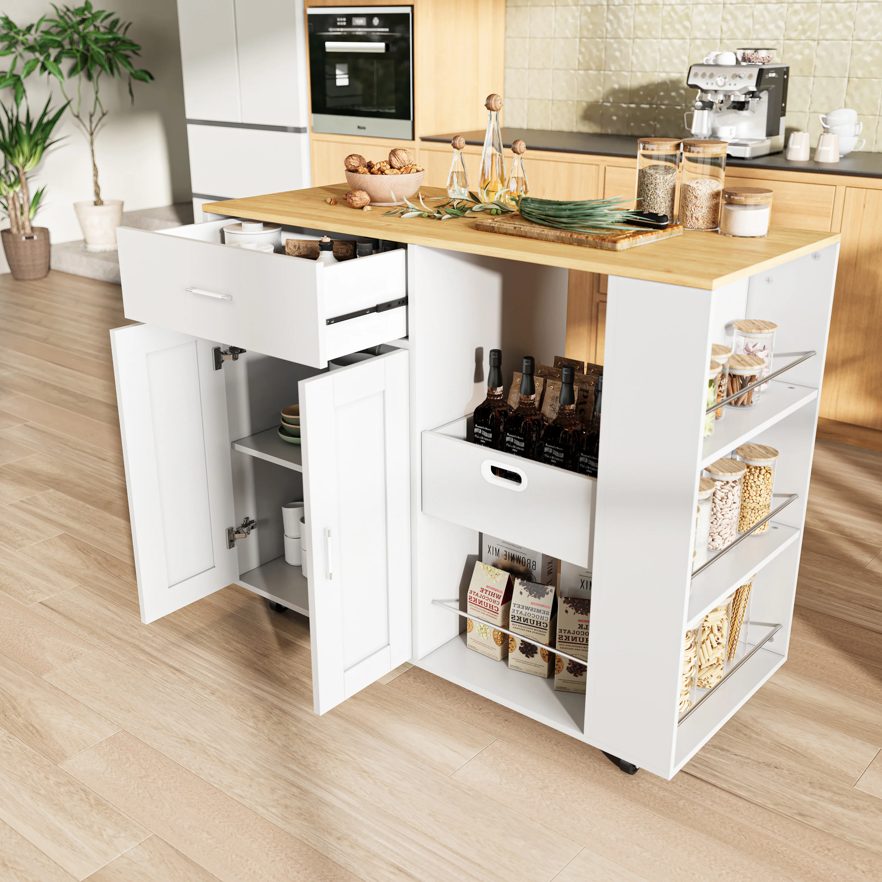 Comanlai Kücheninsel 102x46x92cm, Sideboard-Trolley mit Verstellbarem Regal, Buffetschrank mit 360° Drehfunktion ° Räder, 3 Gewürzregale, Weiß