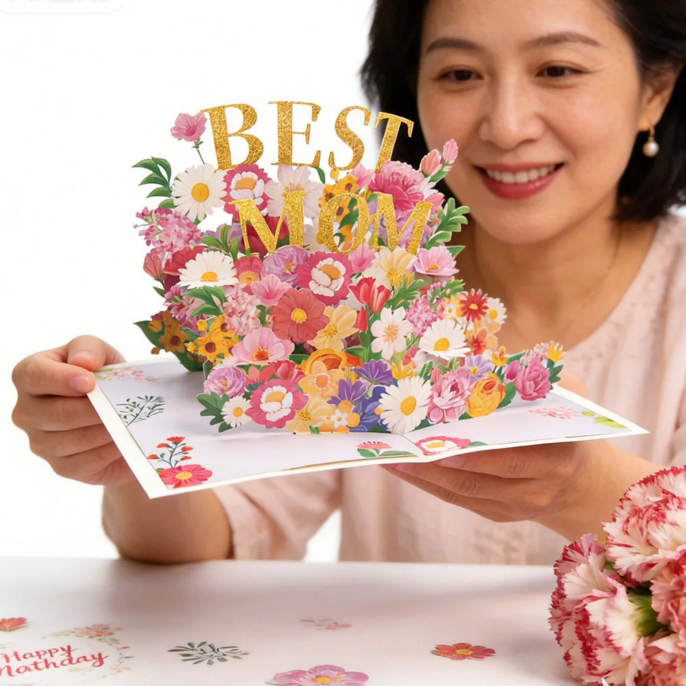 3D Pop-Up Grußkarte mit Umschlag Muttertagsgeschenk für Mama Erntedankfest Perfektes Blumen-Herz-Design Überraschungs-Andenken Image