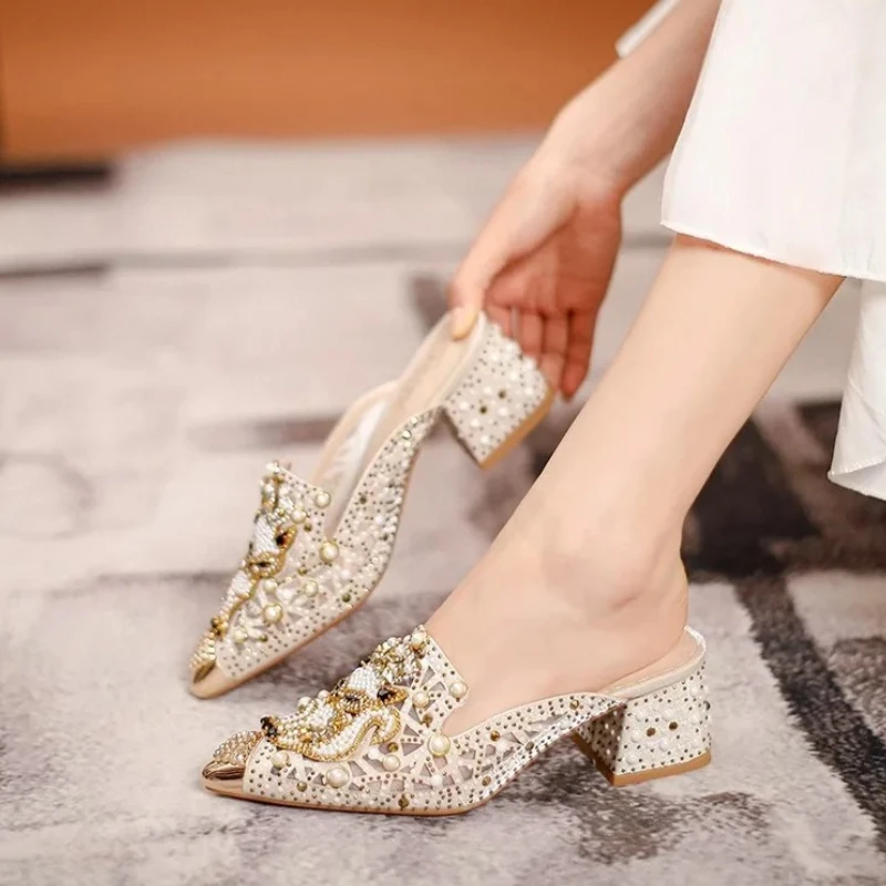 High End Sommer Frauen Schuhe High Heels Sandalen Hohl Bling Perle Strass Fuchs Slipper Schöne Straße Trend Pumpen