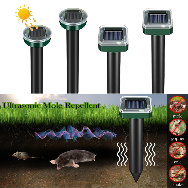 2/4 Stück solarbetriebene Ultraschall-Maulwurf-Abwehrpfähle, wasserdicht, für den Außenbereich, Sonic, unterirdische Schädlingsabschreckung für den Hof, Garten Image
