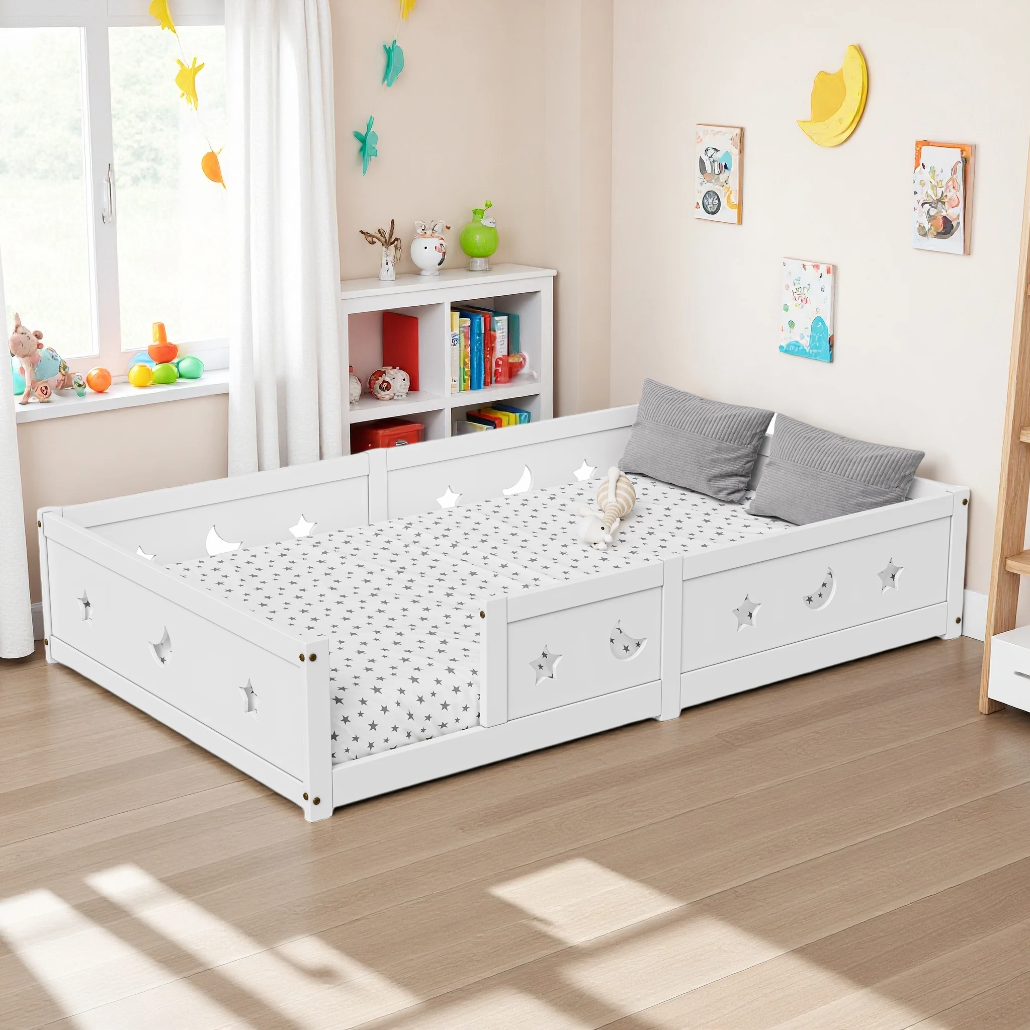 ROSAHQNDA Kinderbett 140 x 200 cm – Bett mit Geländer und Lattenrost, Kinderbett aus Holz, Lattenrost, Fallschutz