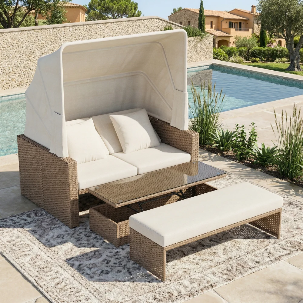 Polyrattan Gartenmöbel für 2-4 Personen, Garten-Lounge-Sofa, Verstellbarer Kaffeetisch, Abnehmbare Markise, PE-Rattan und Schwamm