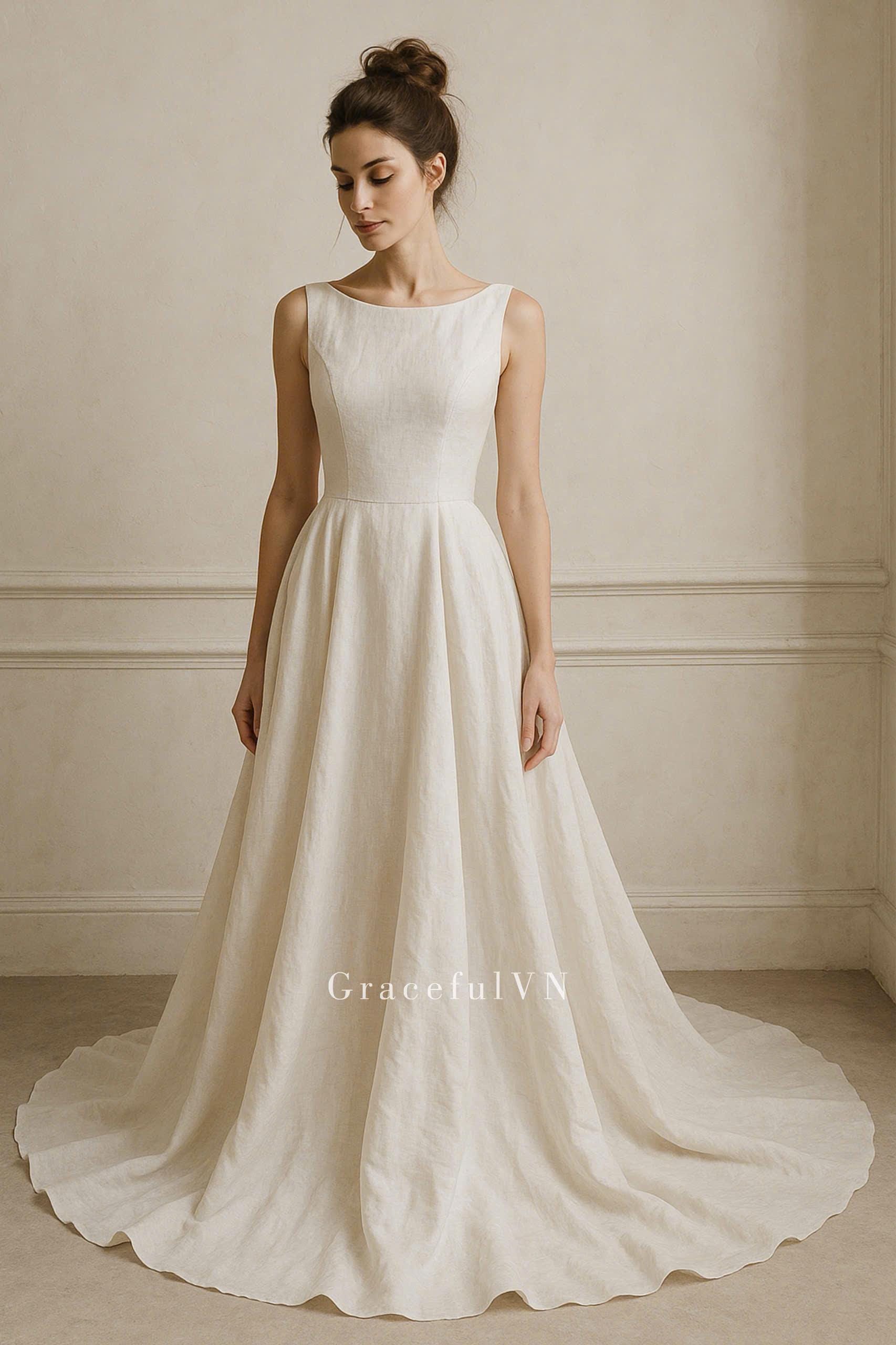 Abito da sposa con scollo a barca, abiti da sposa su misura, abito da damigella, abito da sposa, abito da sposa in stile vintage, abito in lino in tes