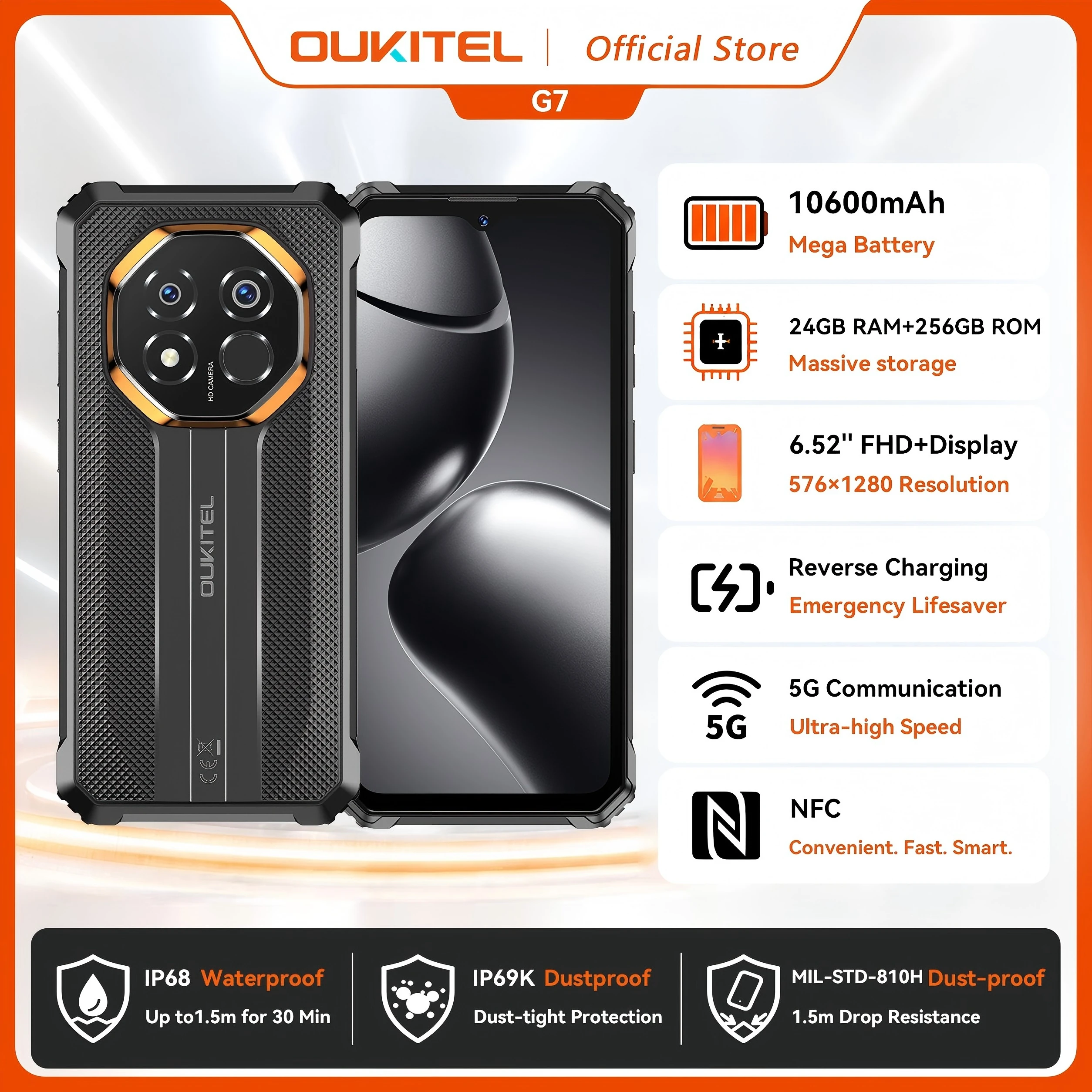 OUKITEL G7 10600mAh Rugged Smartphone 24GB (8+16)+256GB, 6.52